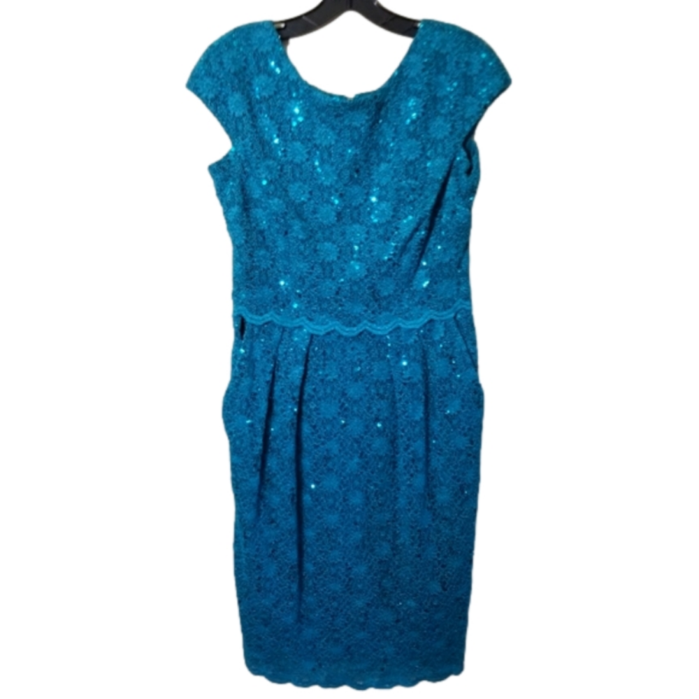 Alex Evenings Short Sleeve Mini Pintucked Sequins Teal Event Dress Size 6